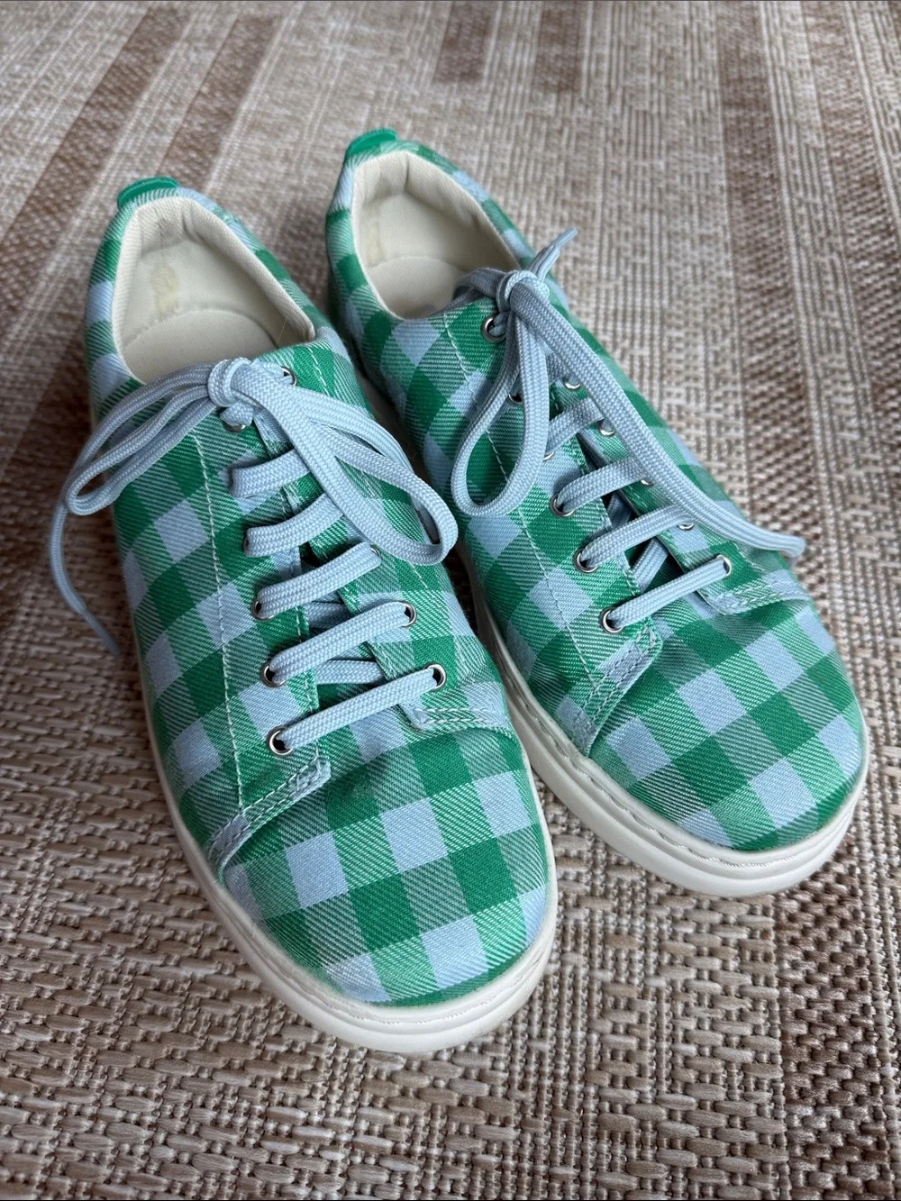 CAMPER: Women Green and Blue Gingham Canvas Sneakers